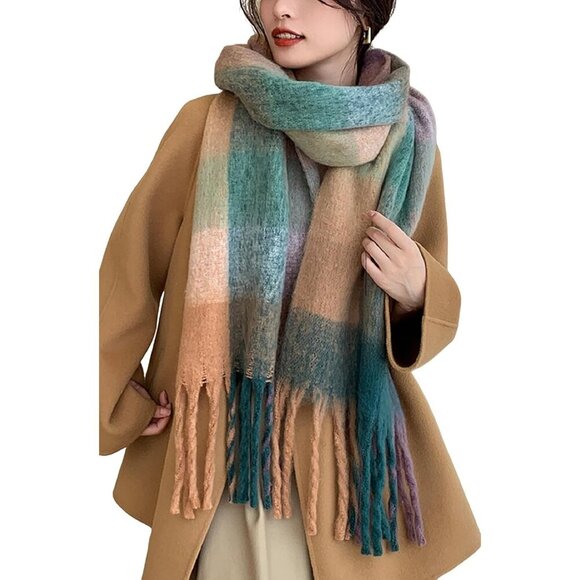 Women's Green Dark Khaki Winter Warm Long Shawl Cold Weather Thick Blanket Scarf